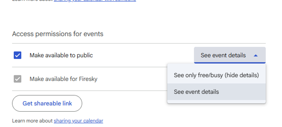 Google Calendar Access permissions: Make available to public with See event details selected