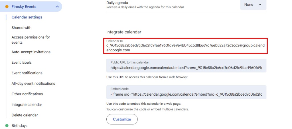 Google Calendar Integrate calendar settings with the Calendar ID field highlighted
